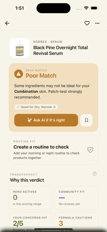 A Skincareful product verdict screen showing a Poor Match result with the reasoning behind it
