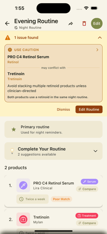 A Skincareful night routine flagging a caution between two retinoid products