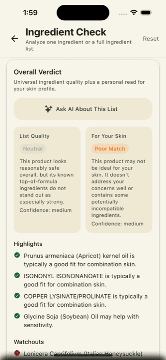 The Skincareful ingredient check screen listing highlights and watchouts for a product
