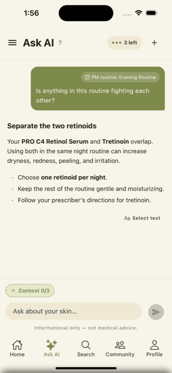 The Skincareful chat screen answering a routine question with the routine attached as context