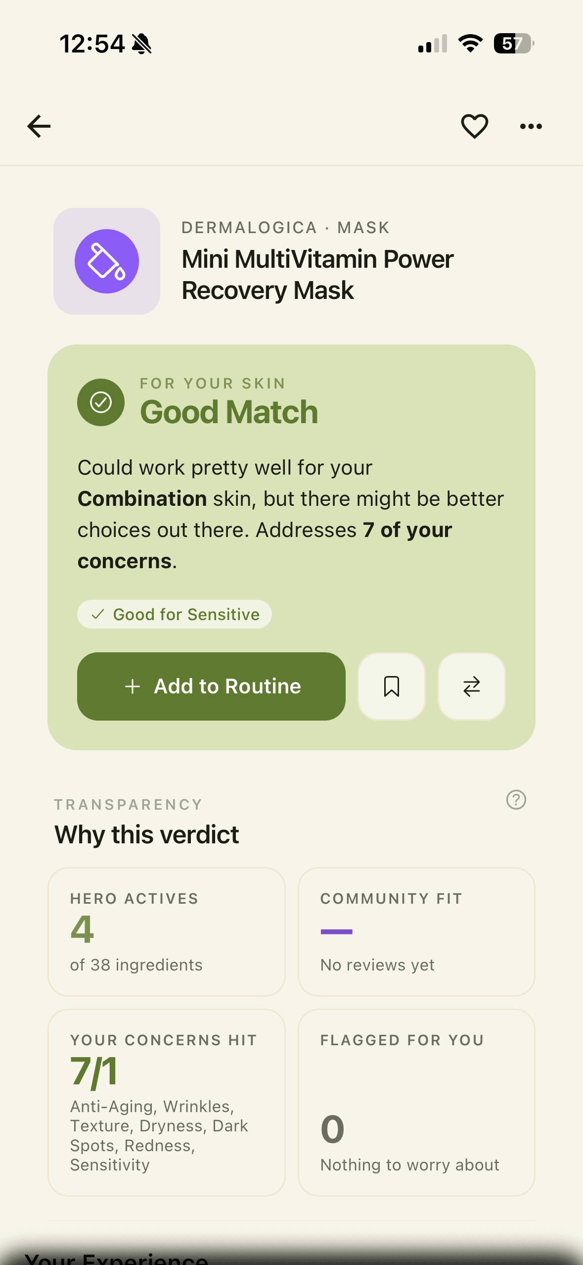 Product verdict screen in the Skincareful app