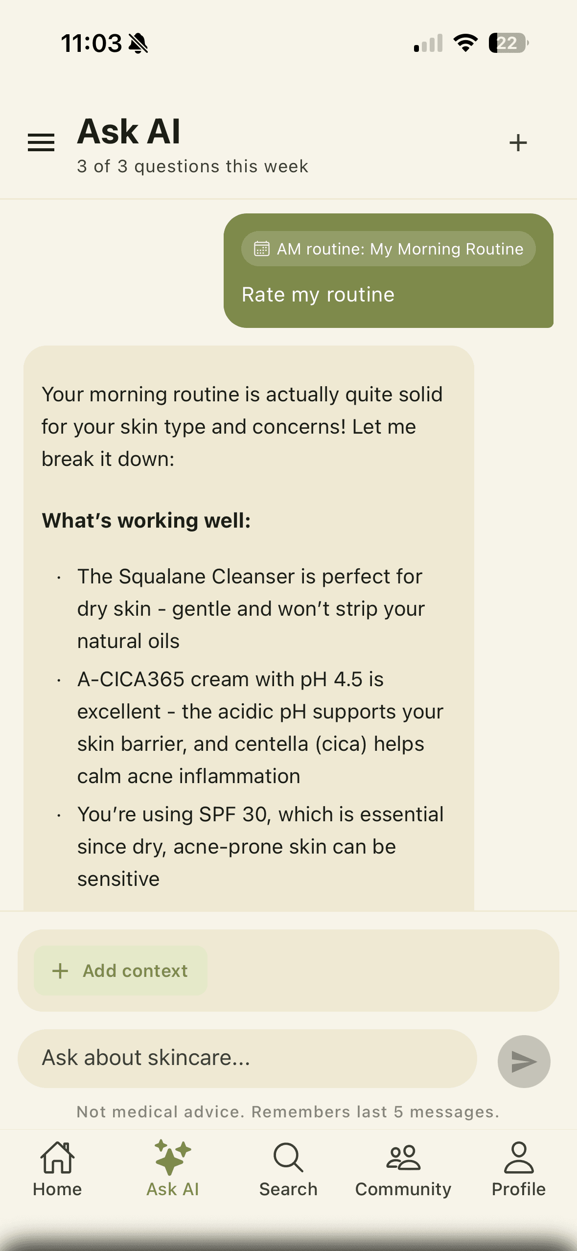 AI chat with routine context in the Skincareful app