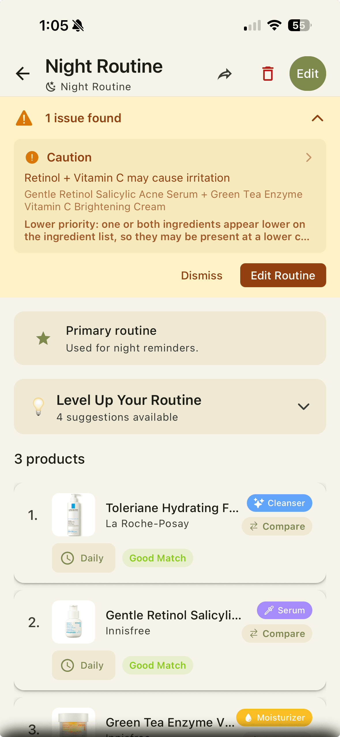 Routine checker screen in the Skincareful app